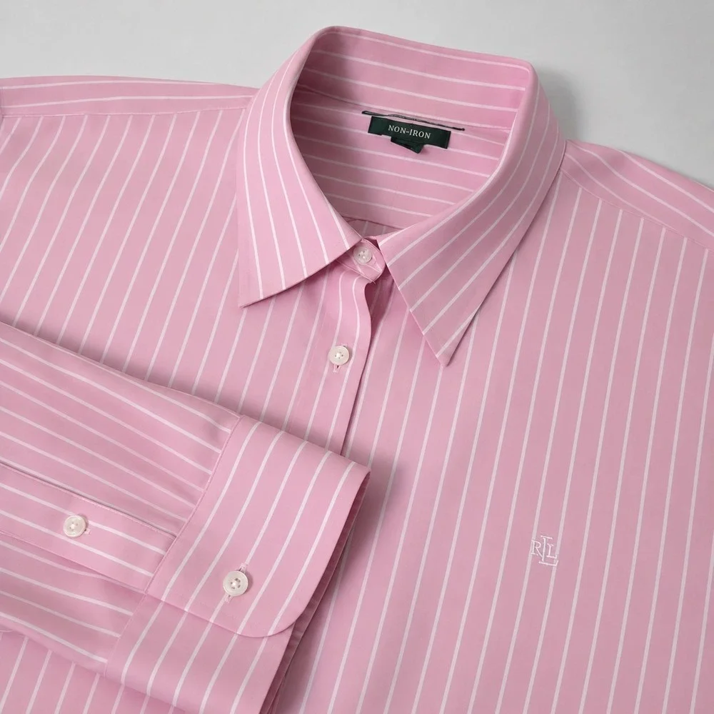 Polo Ralph Lauren Oxford Shirt Womens XL Pink Stripe Slim Fit RLL Logo
